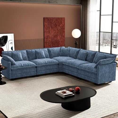 Ihanherry 114" V-Shaped Modern Sofa Modular Sectional Cloud Couch with Corner Section, 5-Seat Chenille Deep Seat Sofa with 5 Pillows for Living Room, Bedroom and Apartment, Blue