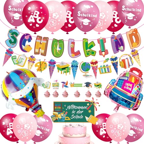 Deko Einschulung Junge Deko Einschulung Mädchen 2026 Zuckertüten Banner Zuckertüten Banner Deko ABC 123 Schulkind Motiv Konfetti Schulanfang Schuleinführung Deko (Rosa)