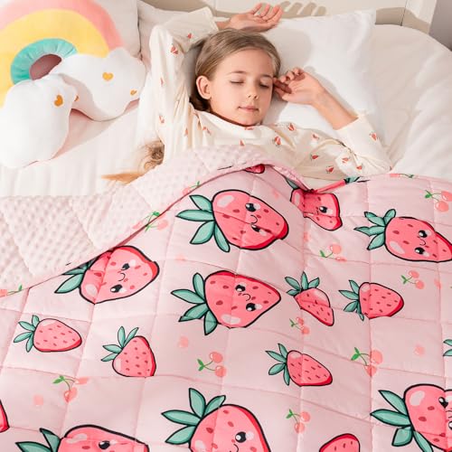 Image of Uttermara Weighted Blanket 3lbs, Cozy Minky Weighted Blankets with Cartoon Patterns, Reversible Washable Heavy Blanket Great for Sleeping, 36x48 inches, Pink Strawberry