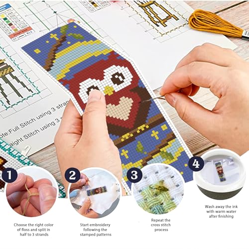 Image of FREEBLOSS 6 Set Bookmark Cross Stitch Kits with Instructions Owl Pattern Punch Needle Kit for Beginners Bookmark Making Kit for Gift