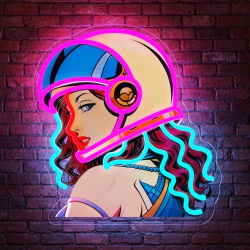 Image of Helmet Girl Neon Sign, Retro Motorcycle Babe LED Neon Light, UV Printed Dimmable Garage Neon Signs for Wall Decor, Man Cave, Bar, Game Room, Bedroom, Gift for Motorcycle Lovers, Riders, Clubs Fans