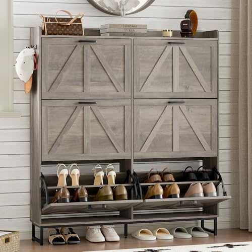 Image of BORNOON Shoe Cabinet with 6 Flip Drawers Narrow Shoe Storage Cabinet Organizer Wooden Freestanding Shoe Rack Hidden Slim Shoes Storage Cabinet for Entryway, Hallway, Living Room, Bedroom