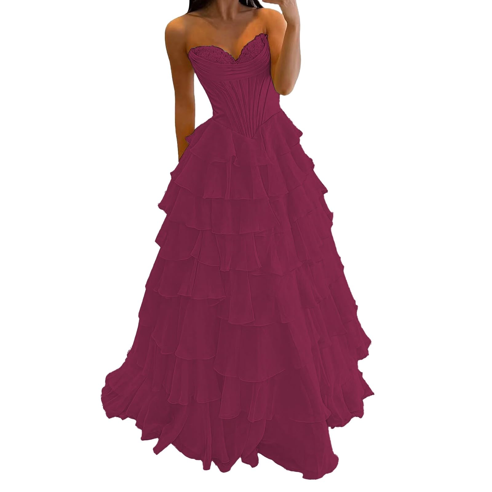 Generisch Abito da sera in chiffon senza spalline per corsetto 2025, lungo, a righe, con volant