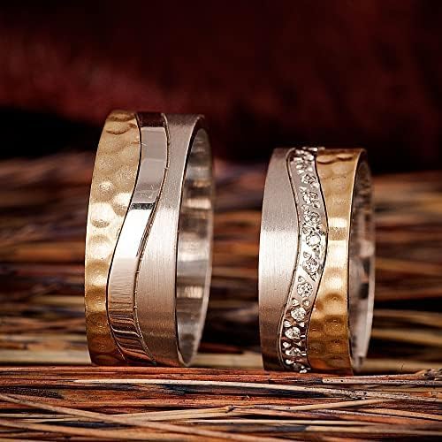 Miniatura 3 de Juego de anillos de boda martillados chapados en oro de 14 quilates para parejas, juego de alianzas de boda a juego personalizado para hombre y