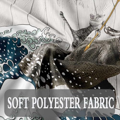 Image of Boziqr Funny Cat Shower Curtain, Cool Cat Dinosaur Japanese Ocean Wave Decor Fabric Bathroom Curtains, Kids Children Rustic Wooden Farmhouse Shower Curtain, 70X70 Inches