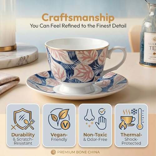 Image of U.P.C. Tea & Coffee Cup Saucer Set of 12 (6 Cups & 6 Saucers) | Navy Blue & Blush Pink Tropical Leaf Print | Ceramic Crockery Set for Home, Kitchen & Gifting