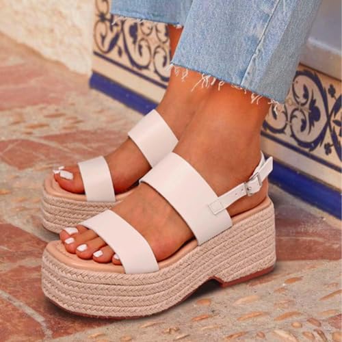 Image of EQAUDES Platform Sandals Women Open Toe Ankle Strap Summer Wedge Espadrille Sandals Cute Beach Straw Raffia Woven Sandals Comfortable Vacation Dress Shoes