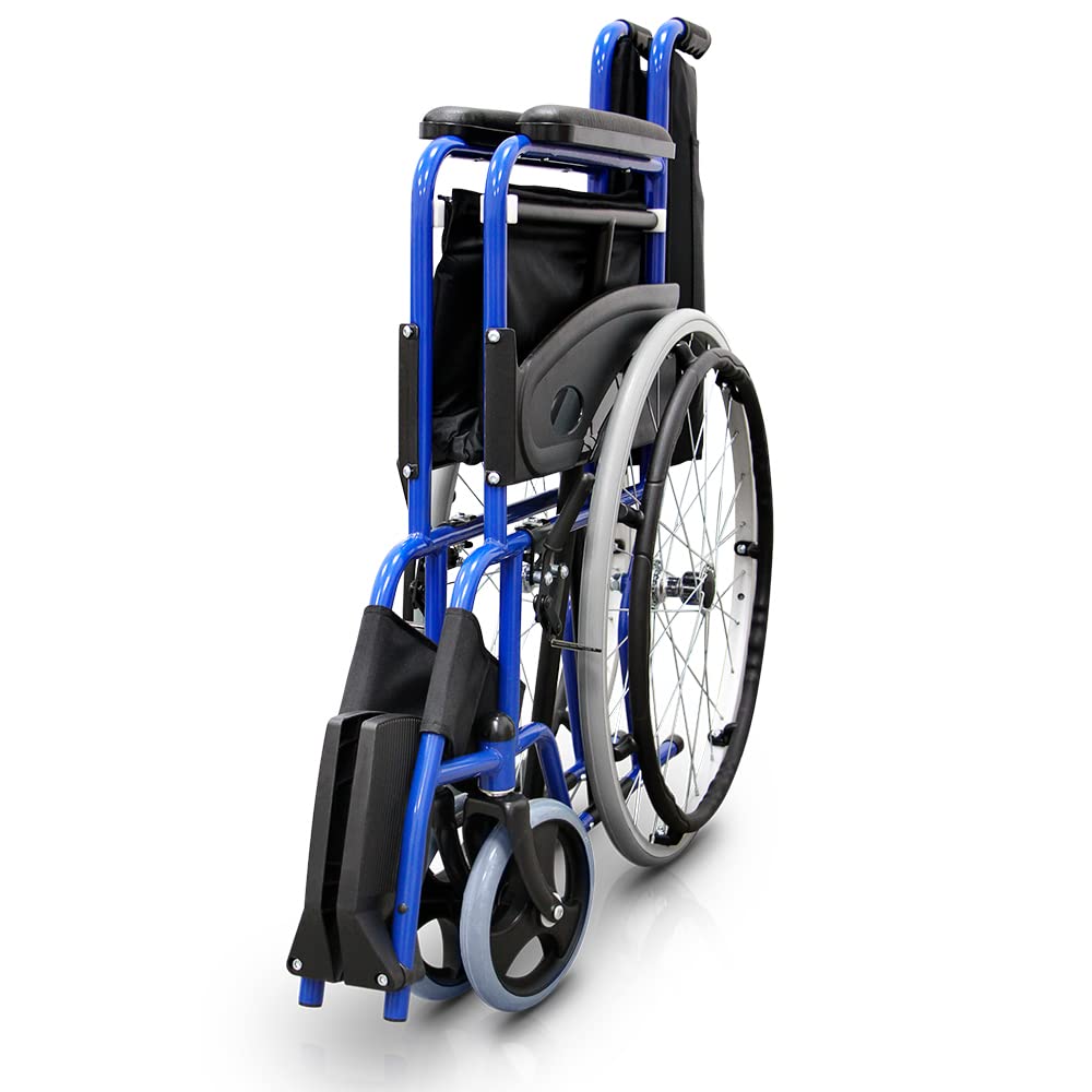 QUIRUMED Silla de Ruedas Plegable, Acero, Basic Colors, Azul, 46cm | Manual, Reposapiés Abatibles, Freno Manual