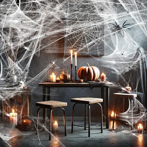 1200-sqft-Halloween-Spider-Webs-and-50pcs-Fake-Spiders-Super-Stretch-Cobwebs-Party-Decorate-for-Halloween-Theme-Indoor-and-Outdoor-Decoration