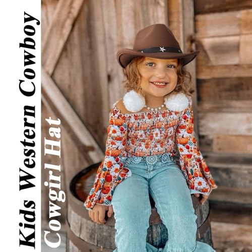 BQUBO Kids Western Hats Boys Girls Wide Brim Cowboy Hat Classic Felt Fedora Hats with Wind Lanyard for 3-8Y3