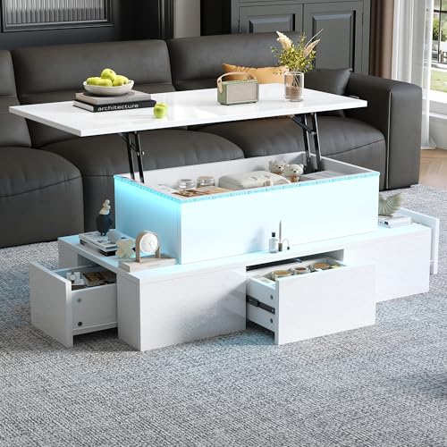 Merax Lift-Top Coffee Table with LED, High Gloss Centre Table with 4 Drawers & Hidden Storage, Lifting Sofa Side Table & Space-Saving End Table, Multi-Functional Tea Table, 100x50x40cm, White