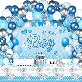 Elephant Baby Shower Decorations for Boy, 94Pcs Boy Baby Shower Decorations with It's a Boy Backdrop, Elephant Tablecloth, Foil Balloons, Balloon Garland for Birthday, Gender Reveal