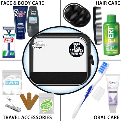 Image of Convenience Kits International Men's 16-Piece Travel Skin Care and Body Care Kit with Shampoo, Body Wash, Lotion, Deodorant in Reusable Toiletry Bag, 40 Count Bulk Case
