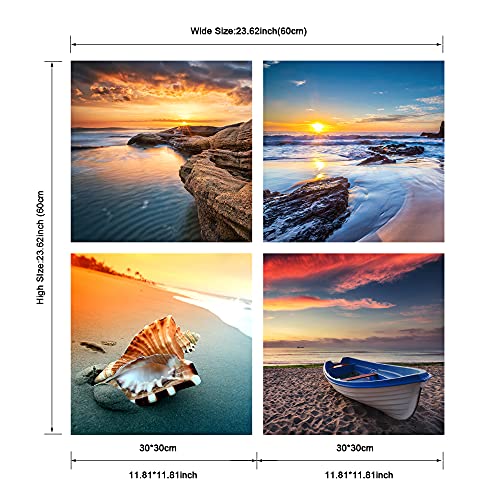 Image of Pyradecor Sunset Sea Beach Modern Seascape Pictures Paintings on Canvas Wall Art 4 Panels Stretched Canvas Prints Artwork for Living Room Bedroom Home Office Decorations