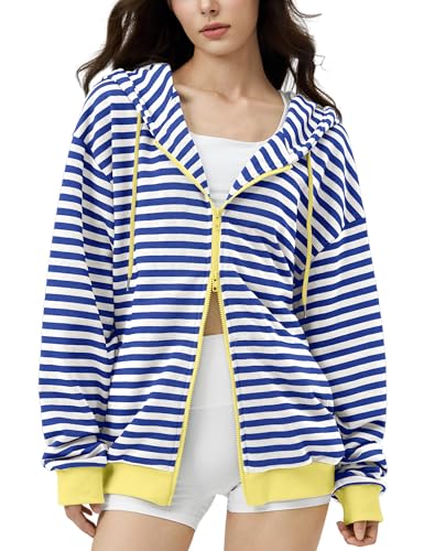 FAIABLE Striped Zip Up Hoodie Women Oversized Sweatshirt Hoodies Zipper Sweaters Pullover Cotton Vintage Preppy Shirt Outfits