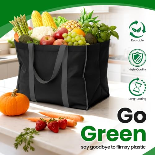 SpaceWhisper Reusable Grocery Bags with Long Handles [3 Pack] - Multipurpose Shopping Bags for Groceries, Foldable Grocery Totes Resist Water & Stains for Kitchen, Car Trunk, Picnic (Black)