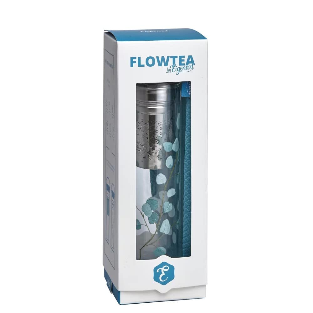 Eigenart Flowtea 50020 - Botella de eucalipto de doble pared de vidrio de borosilicato con tapa de acero inoxidable, funda de neopreno y colador, sin BPA, 400 ml