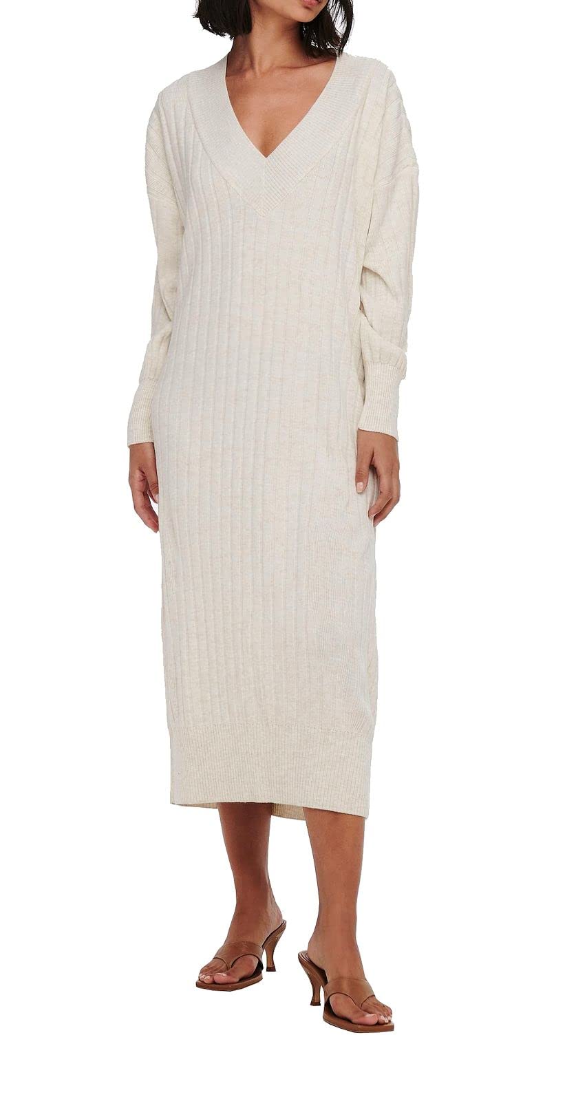 ONLY Women's Onlnew Tessa L/S Midi V-Neck Dress KNT Long, Pumice Stone, S