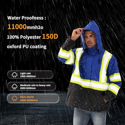 Image of Reflective Rain jackets for men waterproof,Hi Vis Safety Coat With Reflective Strips,High Visibility Class 3 Rain jackets With 2 large pockets,Zipper,Blue,SM /MD