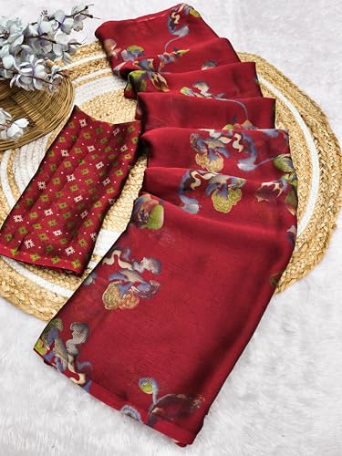 Image of SUPERLAXMI Women's Chiffon Floral Printed Saree with Blouse Piece