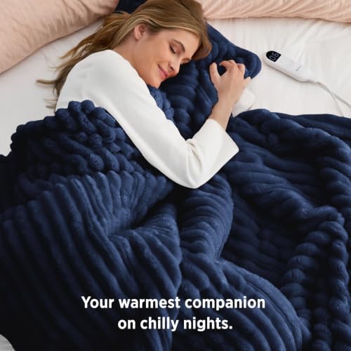 Image of Bedsure Thick Electric Blanket Twin, Heated Blanket Throw, ETL, Navy Blue