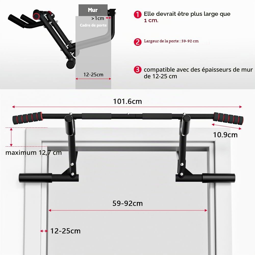 ONETWOFIT Barre de traction pour porte,Avec poignées antidérapantes,Jusqu'à 210 kg Multi-grip,Sans endommager le cadre de la porte,Largeur du cadre de porte Station de Musculation 2 en 1