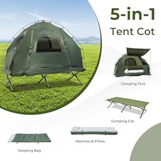GYMAX Tent Cot, 5-in-1 Folding Camping Cot with Mattress & Pillows, Sleeping Bags, Sunshade, Camping Tent Elevated with Carrying Bag for Outdoor Hiking, Fishing, Picnic (1-Person)