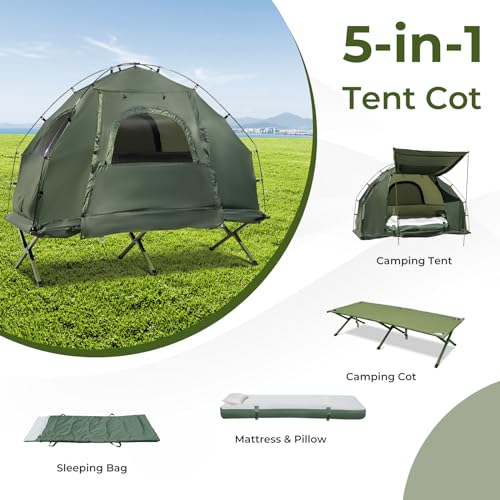 GYMAX Tent Cot, 5-in-1 Folding Camping Cot with Mattress & Pillows, Sleeping Bags, Sunshade, Camping Tent Elevated with Carrying Bag for Outdoor Hiking, Fishing, Picnic