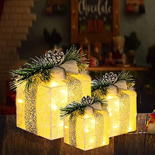Hourleey Set Of 3 Christmas Lighted Gift Boxes, Pre-Lit 60 Led Light Up Present Boxes Ornament Outdoor Warm White Tinsel Boxes Decoration For Indoor Christmas Home Yard Lawn Decor #TOP5