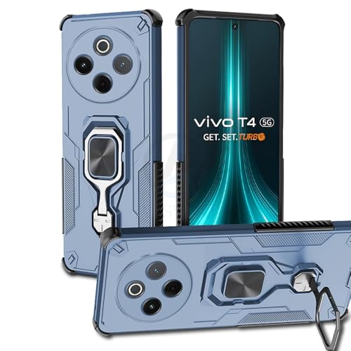 Image of AESTMO Armor Back Cover for Vivo T4 5G / iQOO Z10 5G | Ring Holder & Kickstand & Camera Protection in-Built | 360 Degree Protection Back Case Cover (Blue)