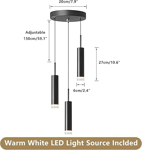 Miniatura 2 de KCO Iluminación moderna negra de 3 luces LED cilíndrica colgante de luz contemporánea ajustable isla de cocina colgante de racimo iluminación