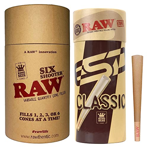 RAW Six Shooter for King Size Papers and RAW Cones Classic King Size | 50 Pack | Bundle |