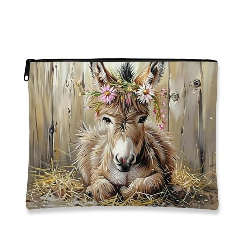 Fanciful - Bolsa de maquillaje de animales, bonita bolsa de viaje para cosméticos, diseño floral de burro, organizador portátil de lona con cremallera, bolsa de aseo de regalo para festivales de