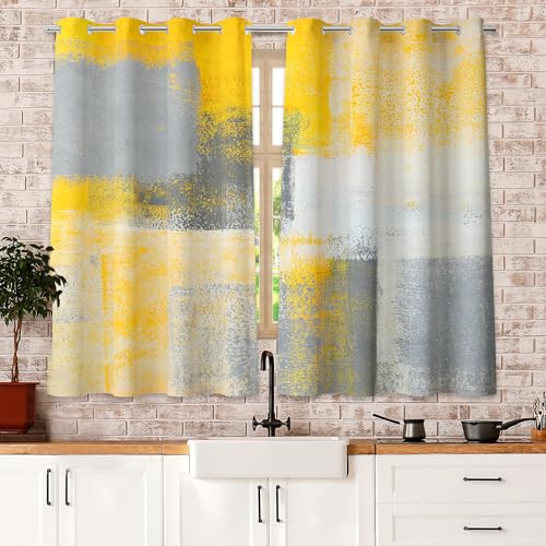 Image of Yellow Window Curtain Yellow Grey Abstract Thermal Insulating Drapes Rust Art Treatment Drapes Modern Curtains for Living Room Bedroom Hotel, 26 inch x 36 inch, 2 Panels