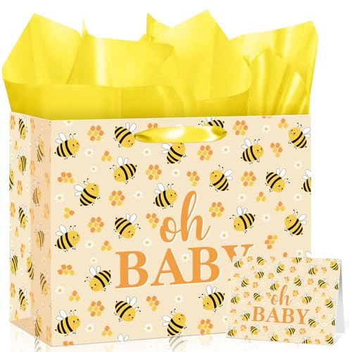 Woosytoo Bee Baby Gift Bag with Card Tissue Papers, Bee Baby Shower Wrapping Paper Bag Yellow Oh Baby Present Bags for Newborn Congratulations Gifts Gender Neutral Party Favors