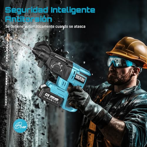 Miniatura 7 de Seesii 3-In-1 Martillo Perforador A Baterías: 2,5j Potente Martillo Percutor Sin Cable Con Motor Sin Escobillas, 2 4,0ah Baterías Y Cargador, 5 Piezas Sds-Plus, Mango Antivibración, Para Bricolaje