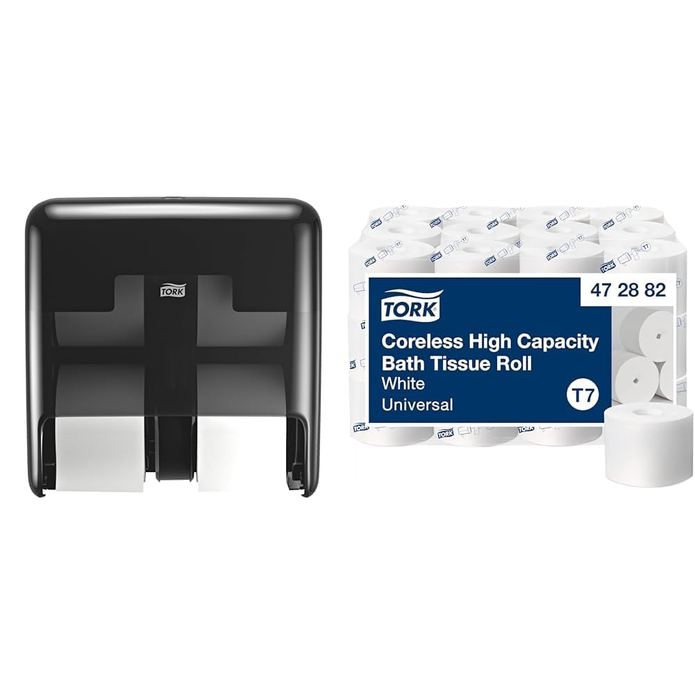 Tork OptiServe 4-Roll Coreless Toilet Paper Dispenser Black T7/T5, Vertical Dispenser, Elevation Design + Tork OptiServe Coreless Toilet Paper White T7, Universal, 2 Ply, 36 x 1000 Sheets