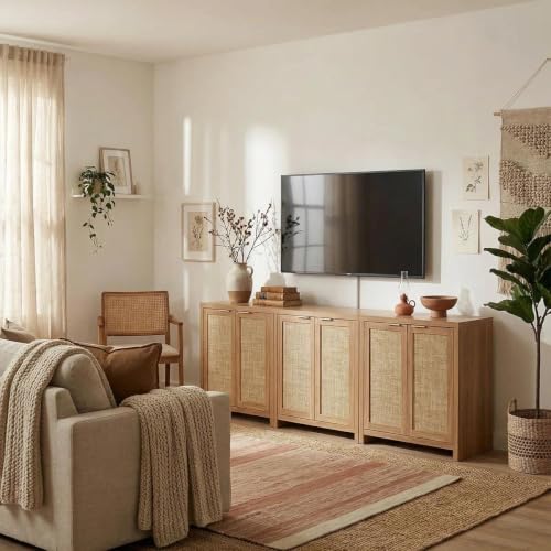 Image of OAKHAM HOME Rattan Sideboard Cabinet with Storage, Natural Oak, Set of 3 | Buffet Cabinet with 2 Soft-Close Doors, Adjustable Shelves and 110 lbs Top, For Living Room, Kitchen, Entryway