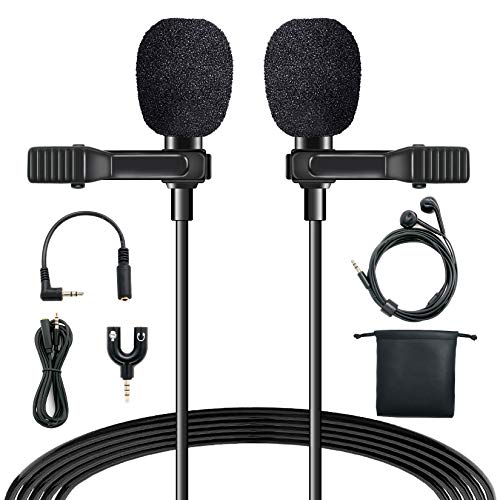 DQQ Dual-Head Lavalier Lapel Microphone, Omnidirectional Lavalier Mic Compatible with iPhones, Android, PC, Camera, Podcast Microphone for YouTube/Interview/Video/Rcording/Singing