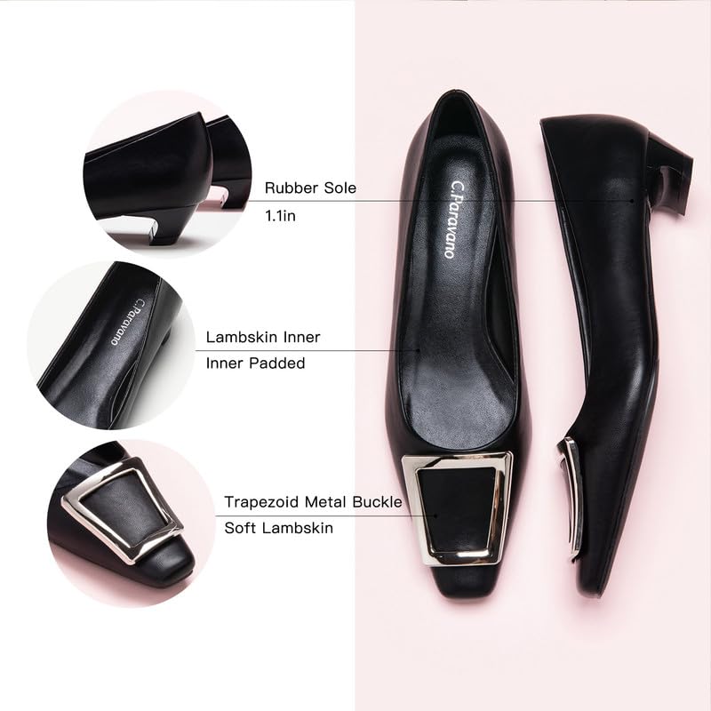C.Paravano Women's Pumps Square Toe Low Heels Trapezoid Metal Buckle Closed Chunky Heel Dress Shoes Soft Leather Low Block Heels for Casual Outfits Satin4