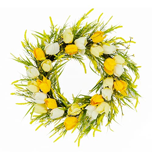 Puleo International 24" Artificial Tulip Floral Spring Door Wreath, Green/Yellow #TOP12