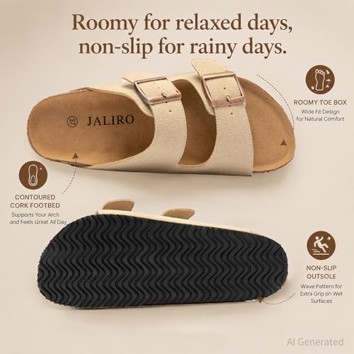 JALIRO Women's Cork Sandals, Suede Upper, Double Buckle, Arch Support & Non-Slip for Summer Wear, Khaki, size 6 - image 6