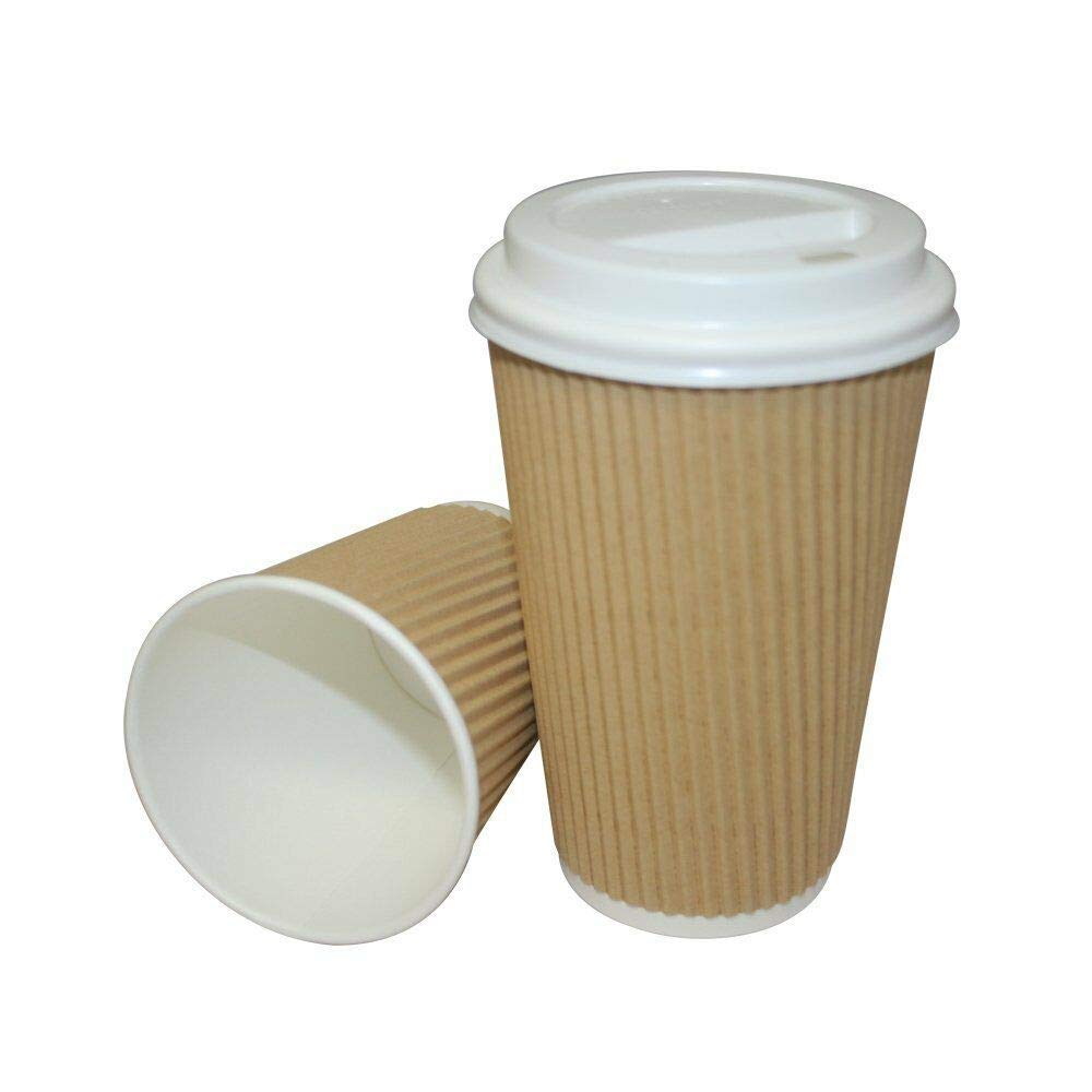 HoitoDeals Brown Insulated Kraft Ripple Disposable Paper Coffee Cups With Lids