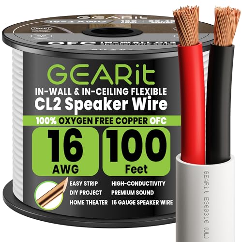 Cable de altavoz de 100 pies GearIT de cobre OFC 16 AWG CL2 para home cinema