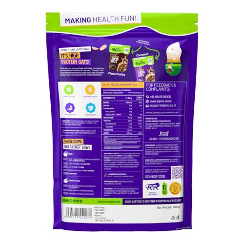 Image of ALPINO 27g High Protein Oats Dark Chocolate 400g - Rolled Oats, Protein Blend, Jaggery Powder, Cocoa Powder, Nuts & Seeds - Source of Dietary Fibre & Healthy Fats, No Refined Sugar & Salt