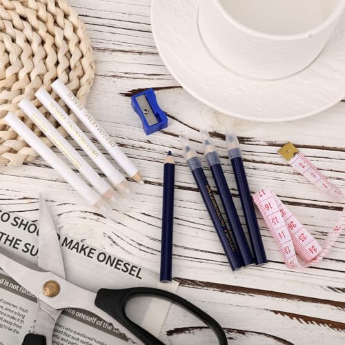 BOXOB 8pcs Fabric Pencils for Sewing, White and Blue Water Soluble Fabric Maker Washable Tailors Chalk Pen Marking and Tracing Tools with Sharpener & Tape Measure for Dressmakers Quilting Crafts - Thumbnail 2
