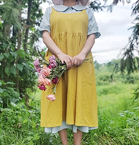 Women Girls Vintage Cute Apron Gardening Works Cross Back Cotton/Linen Blend Aprons Pinafore Dress With Two Pockets (Yellow) #TOP7