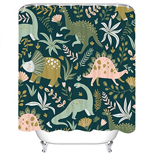Cyrekud 72" X 72" Dinosaur Shower Curtain Gartoon Green Leaves Funny Dino Colorful Kids Bathroom Set Boys Home Bath Bathtub Decor Durable Fabric Machine Washable With 12 Hooks #TOP16