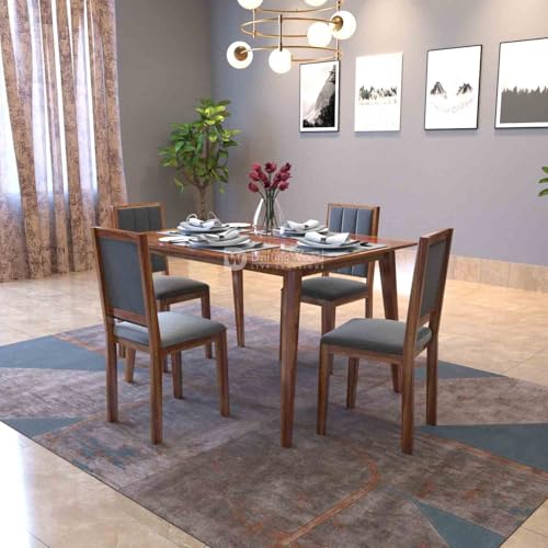 Image of DRIFTINGWOOD Tiya Dining Table 4 Seater | Four Seater Dinning Table with 4 Chairs in Gray Cushions for Home | Rosewood, Honey Finish, Self Assembly(DIY)