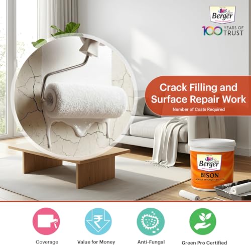 Image of BERGER Bison Interior Emulsion Paint for Walls and Ceilings with Anti-Fading Properties Acrylic Based Washable & Durable Rich Smooth Matt Finish (1Ltr, White)